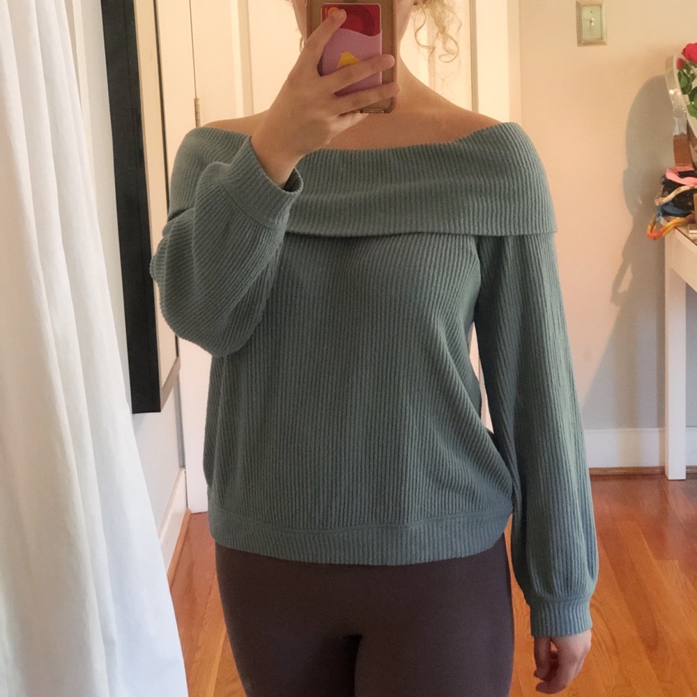 blue off the shoulder sweater